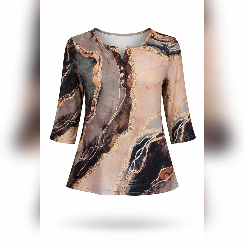 Women's Medium Marble Print Henley Blouse 3/4 Sleeve Abstract Earth Tones Shirt